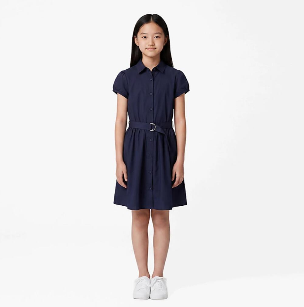 Nautica Girls Large Navy School Uniform Short Sleeve Belted Shirtdress D7-3